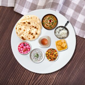 3 Chapati, Rice, Dal Makhni, Shahi Paneer, Mix veg., Mix Raita, Sirka Pyaz, 1 Hot Gulab Jamun